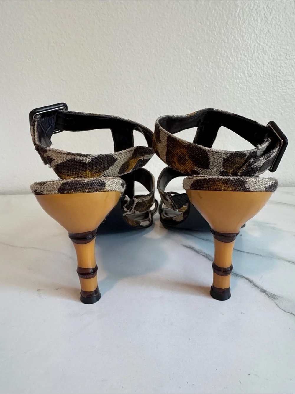 Animal-Print Strappy Heeled Sandals with Faux-Bamboo Women’s Size 9